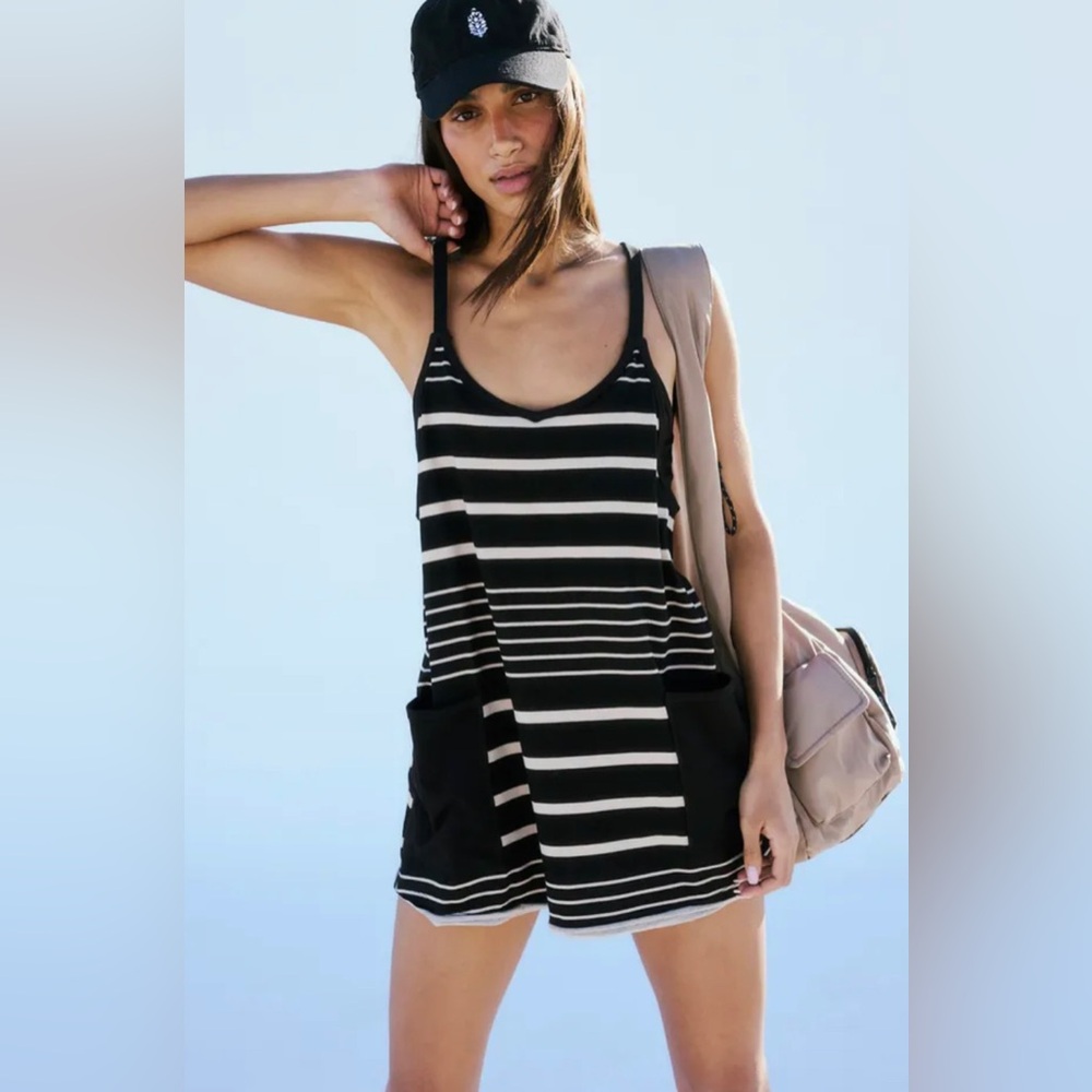 Free People Movement Hot Shot Mini Dress Black and Tan Stripes Small NWOT